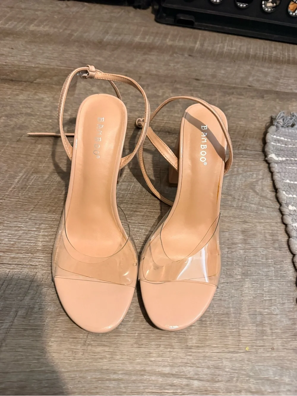 NWOT - BAMBOO Blush Clear Strap Block Heel Sandals